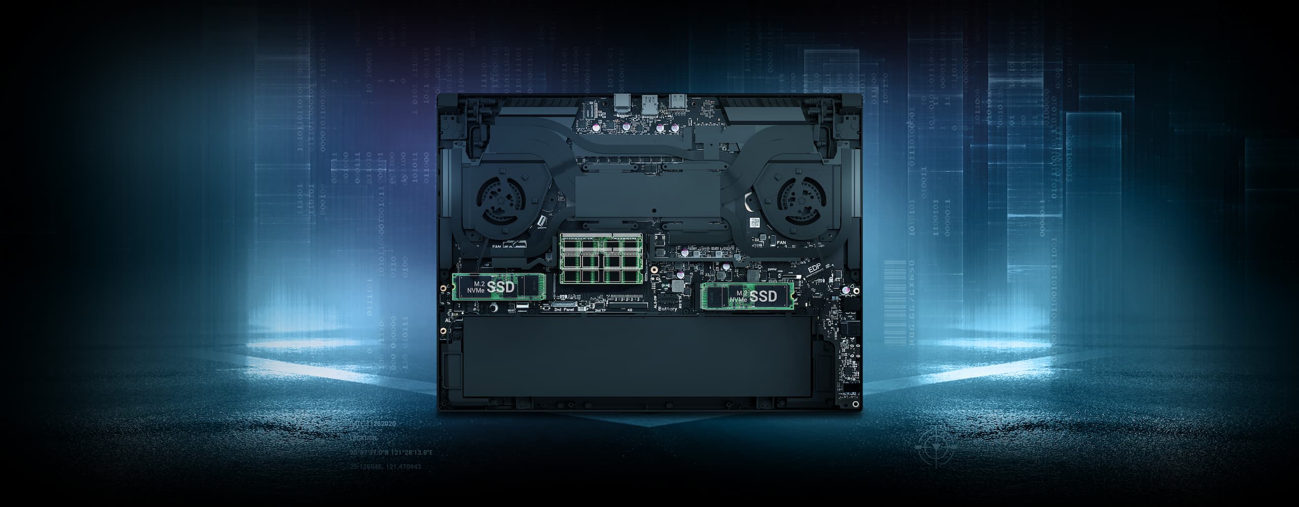 View of the bottom lid with the cover removed, showing RAM, M.2 storage, and the battery.