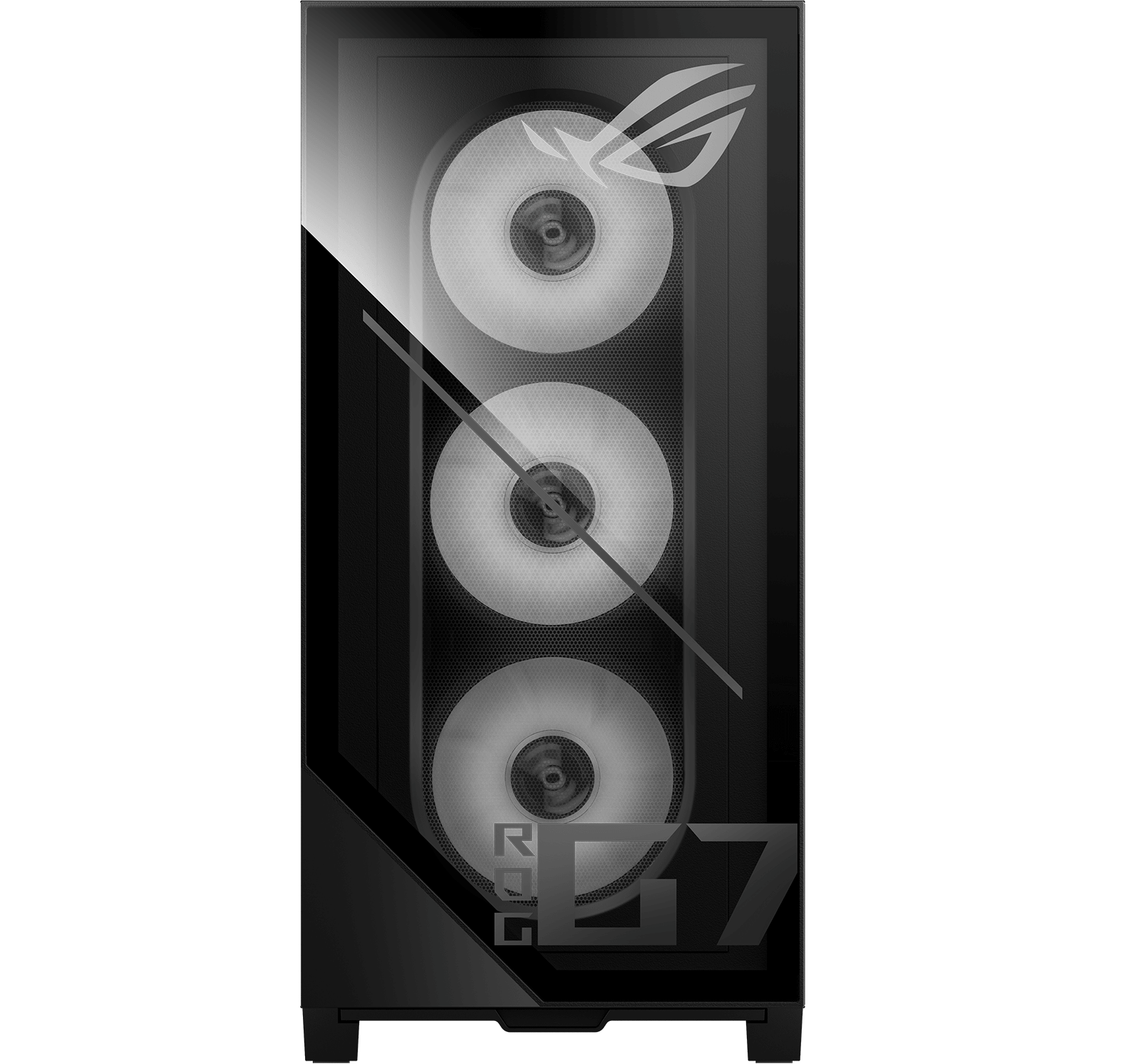 显示 RGB 照明的 ROG 魔霸 9X 桌面,展示桌面的正面。